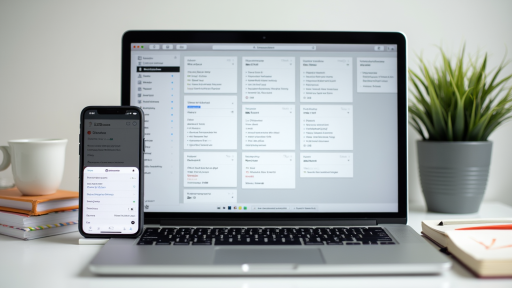A tidy digital workspace with organized files on a laptop and minimalist app icons on a phone. A digital calendar and a cloud drive dashboard are visible, showing order and simplicity.